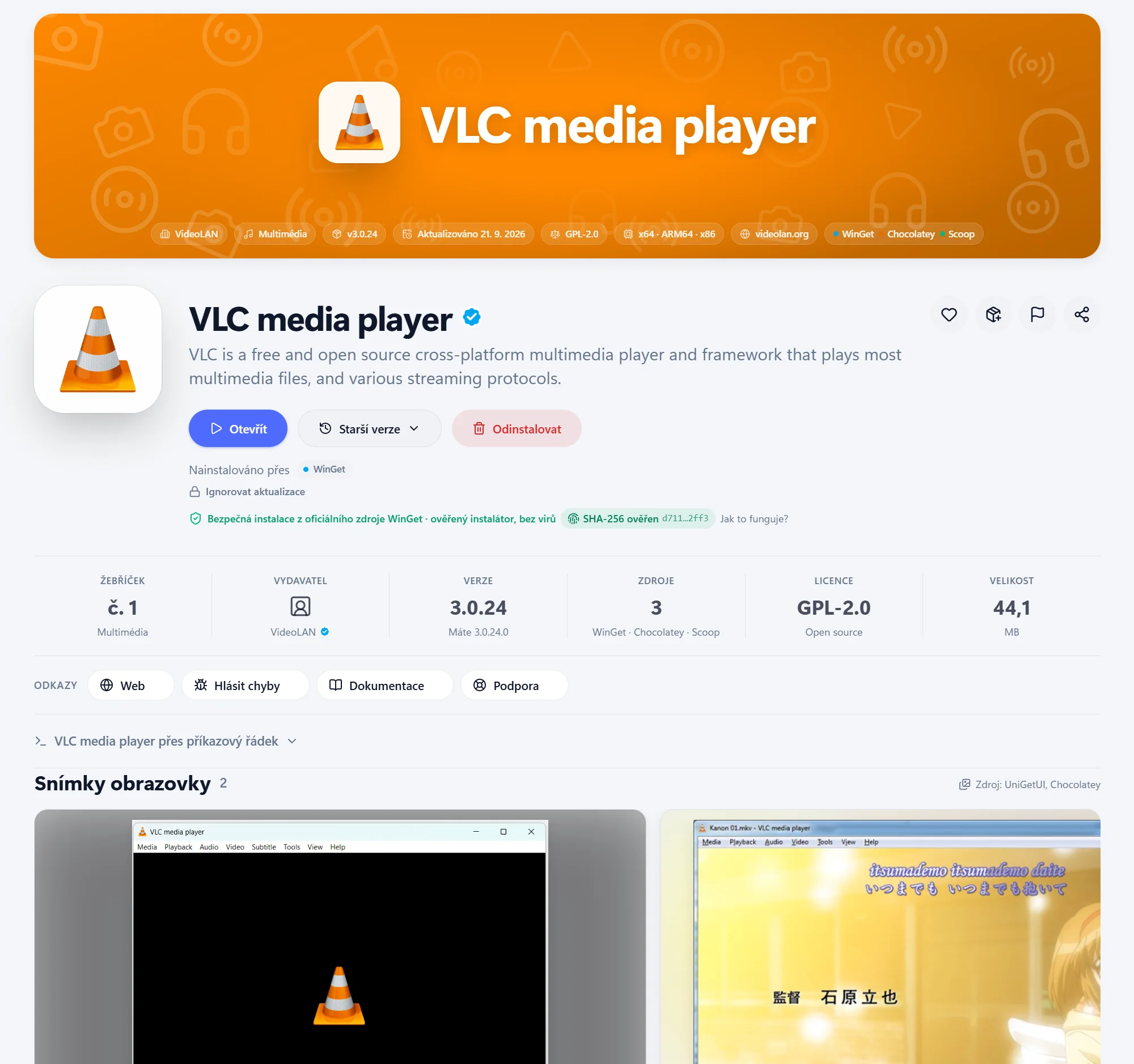 Detail aplikace VLC media player s oranžovým bannerem, údaji o aplikaci a galerií snímků obrazovky