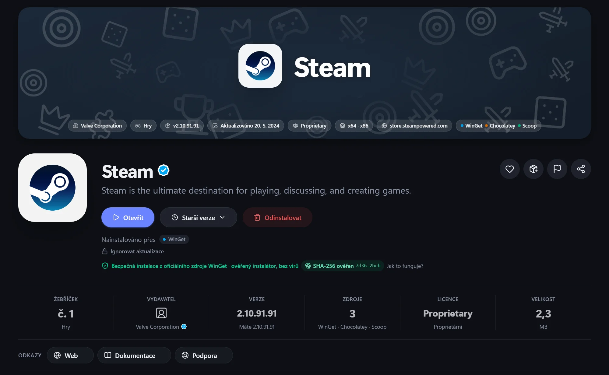 Detail aplikace Steam s bannerem, údaji o aplikaci a rychlými odkazy