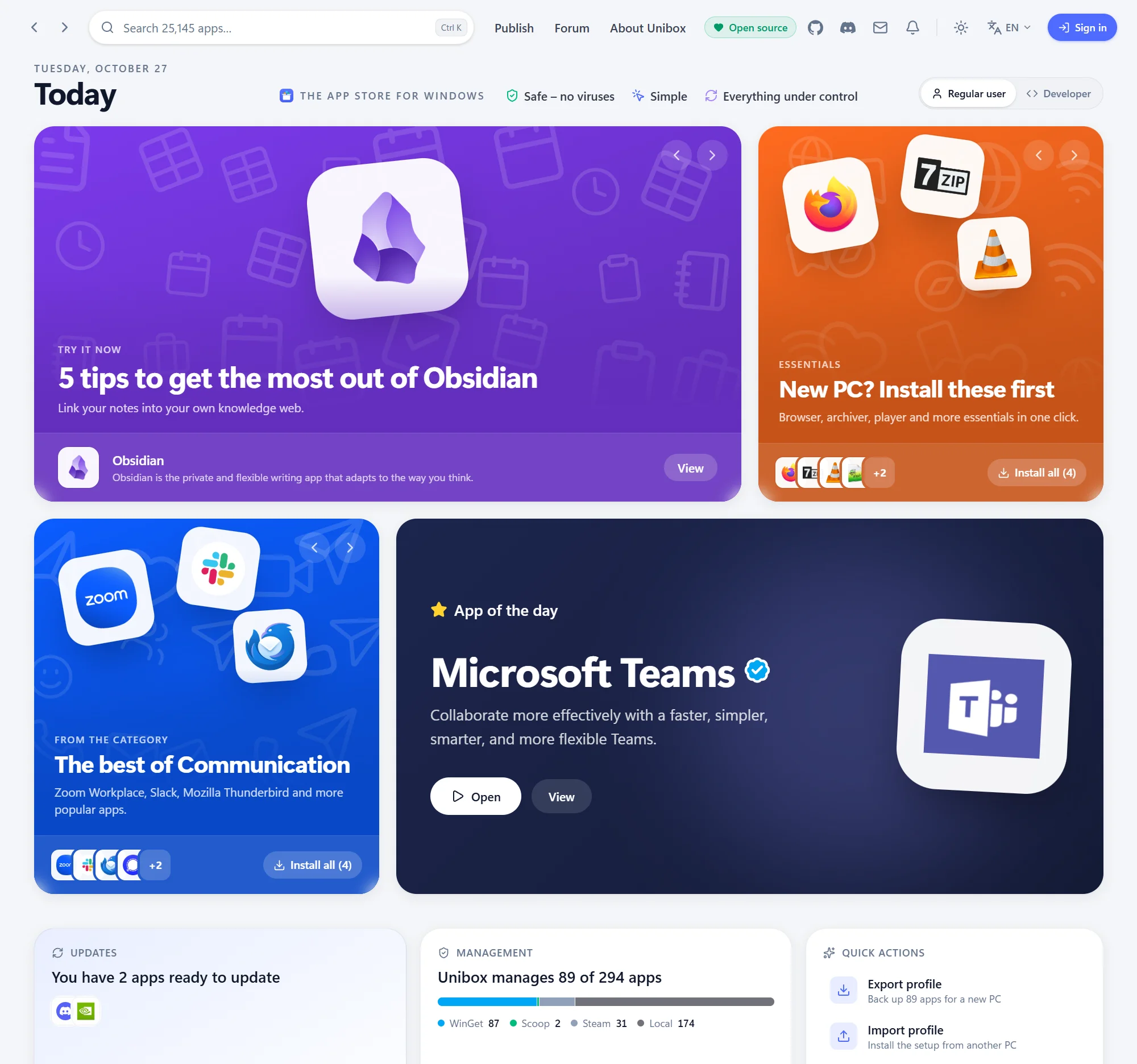 The HubGet “Today” home page with editorial cards, App of the Day and an updates overview
