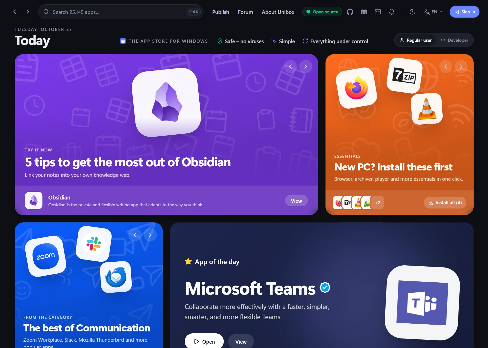 The HubGet “Today” home page with editorial cards, App of the Day and an updates overview